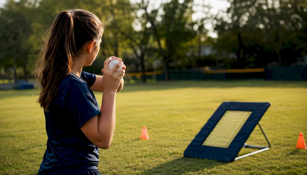Pitcher’s hands throwing ball to rebounder