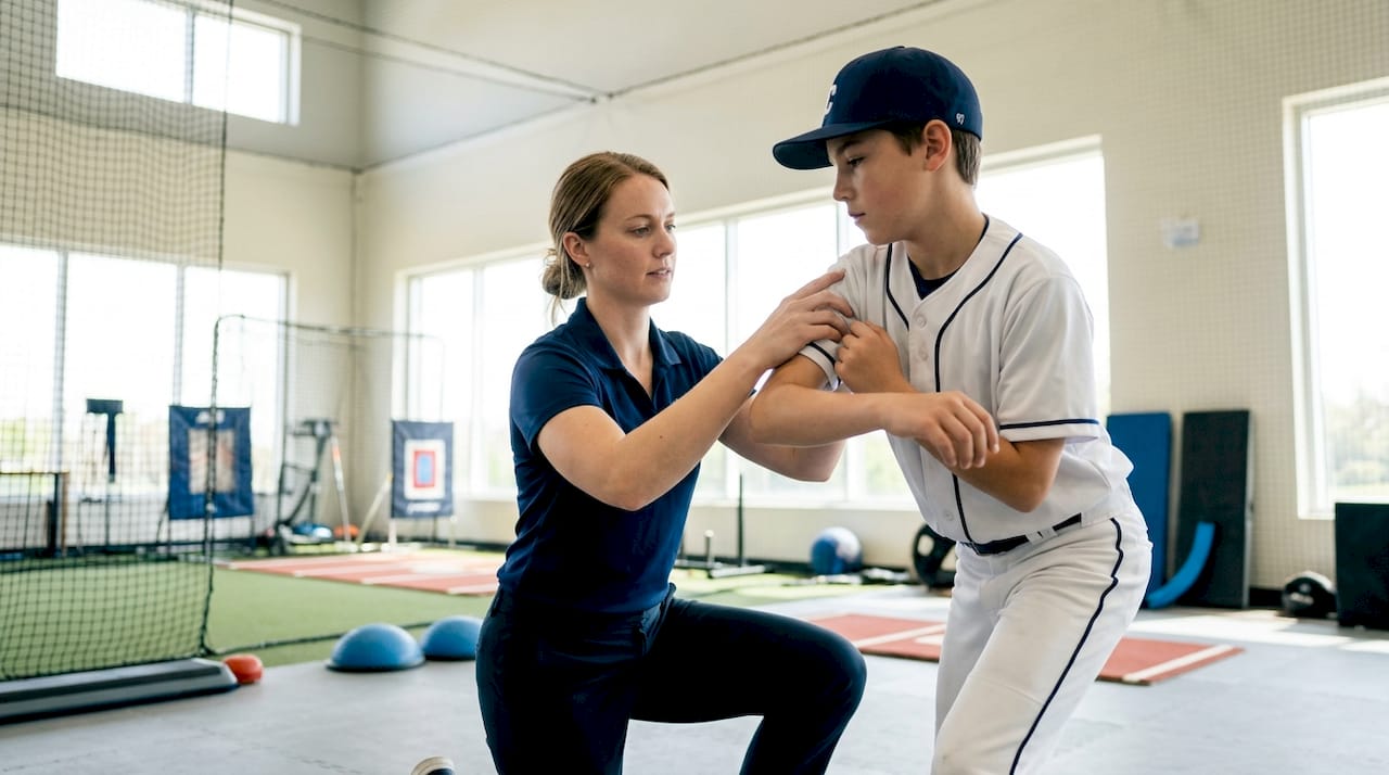 Physical therapist assessing youth baseball arm motion