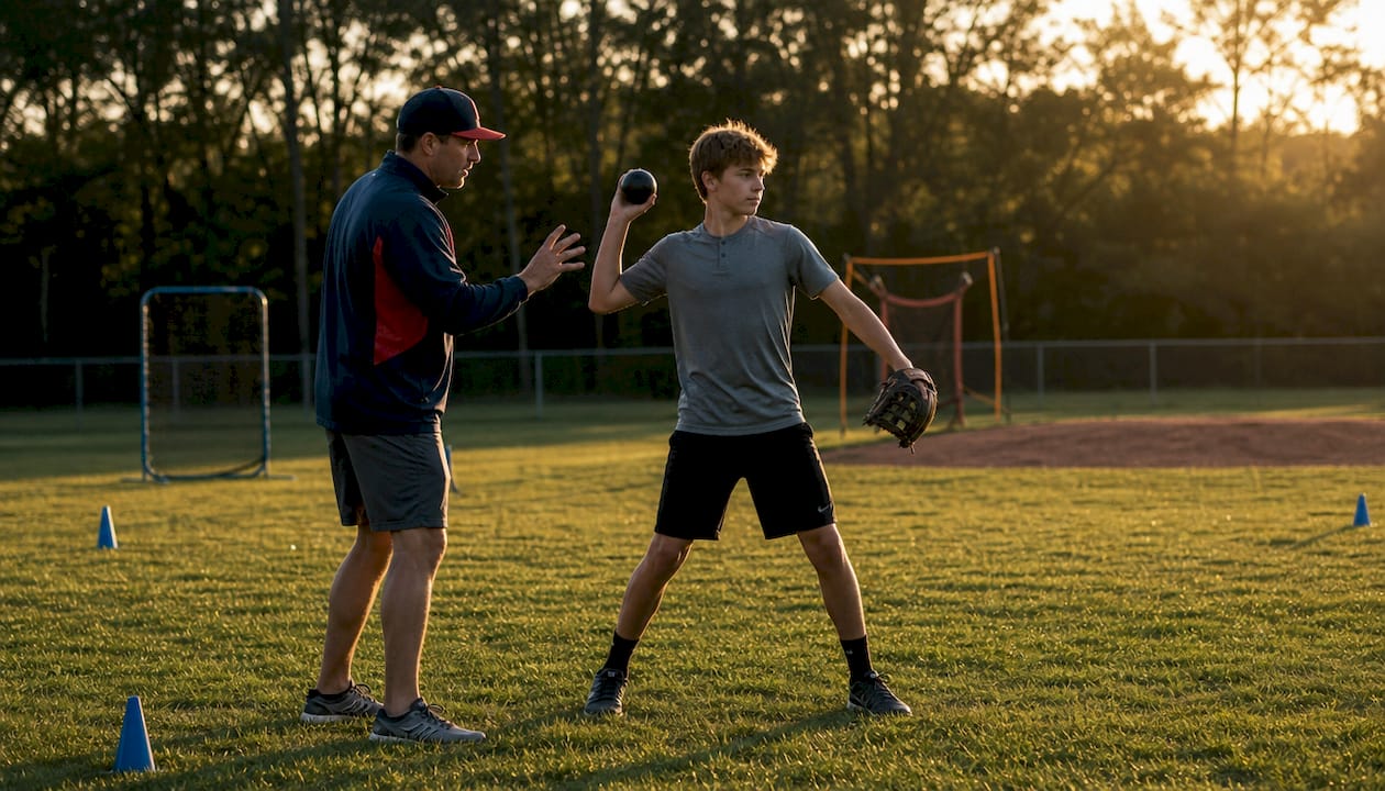 Coach supervising athlete weighted ball throwing