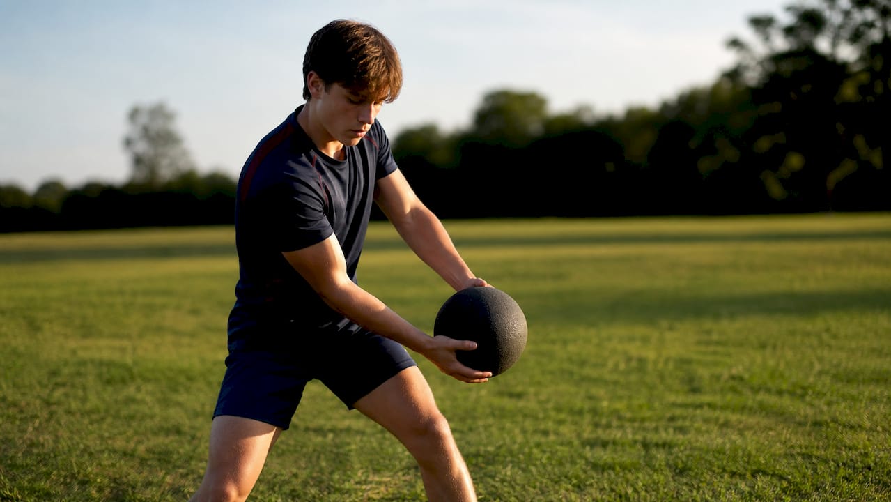 Pitcher performing anti-rotation medicine ball chop drill