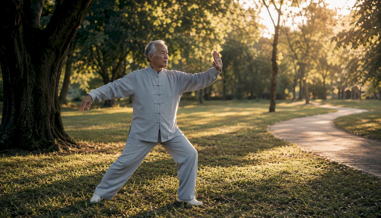 Older adult performing tai chi outdoors