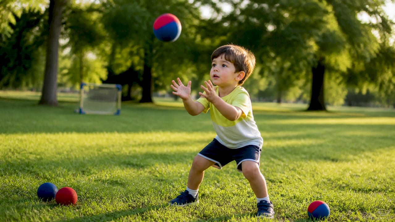 Young child catching ball outside