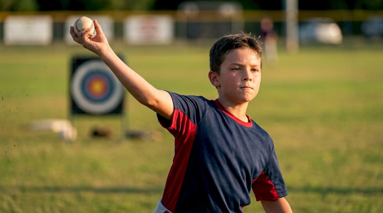 Youth baseball pitcher aiming a throw indoors