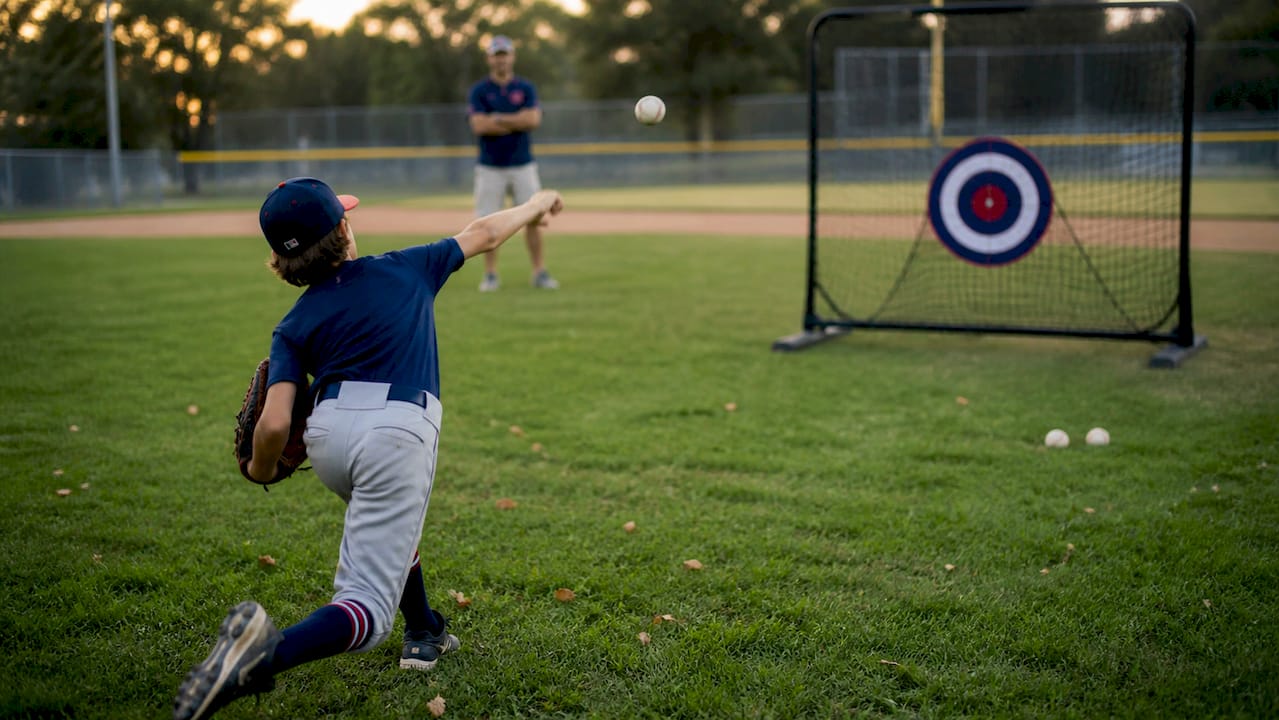 Youth pitcher throwing at bullseye pitching target net