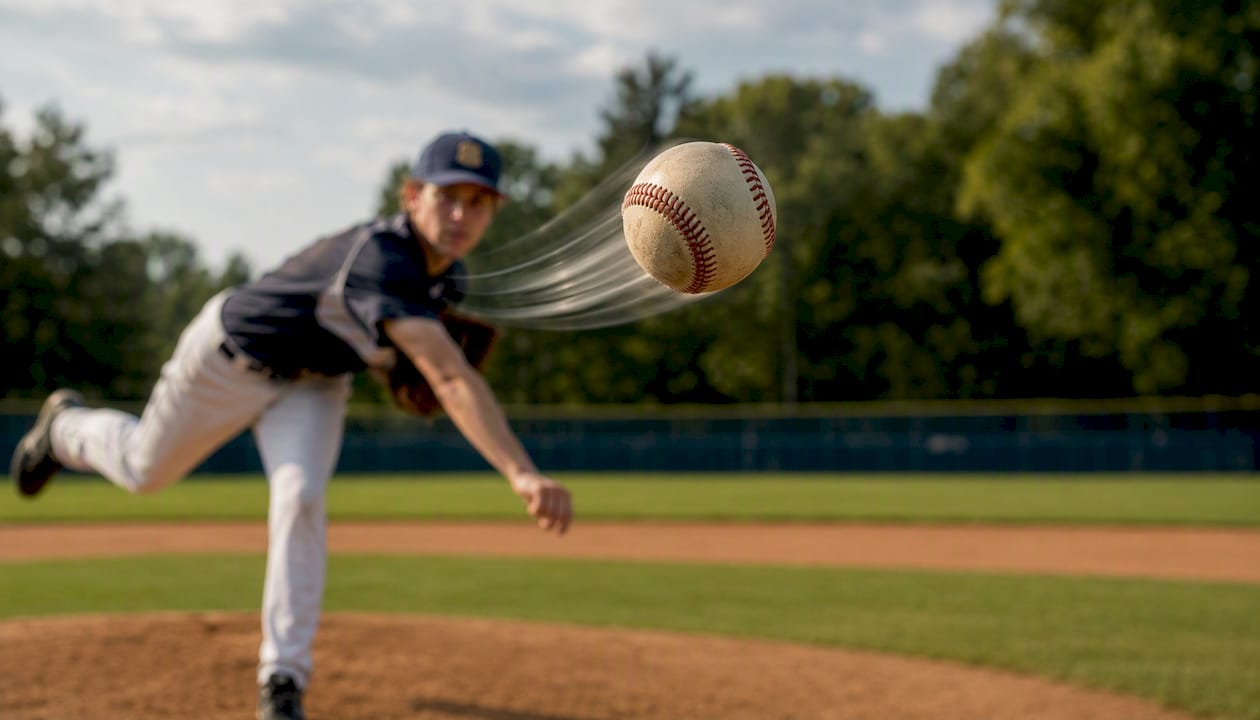 Baseball in flight showing spin and seam orientation