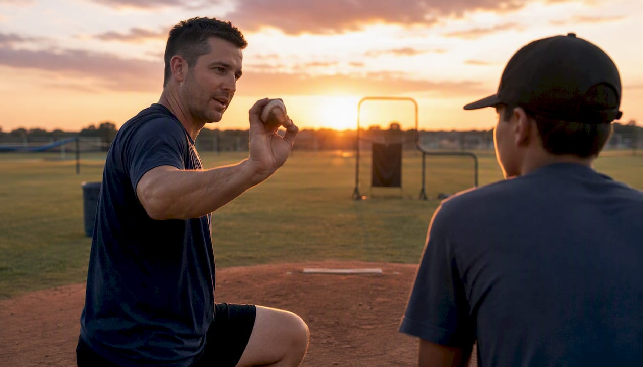 Coach showing pitching release mechanics