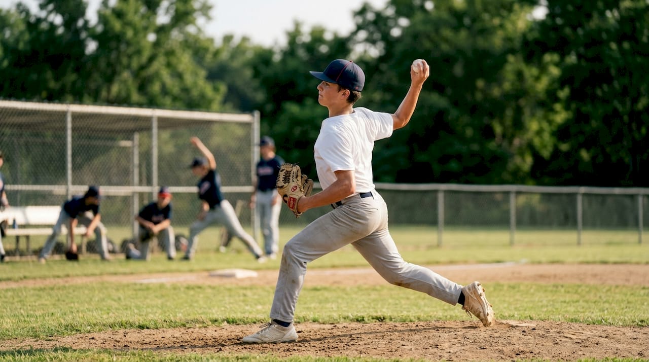 Young baseball pitcher throwing during practice