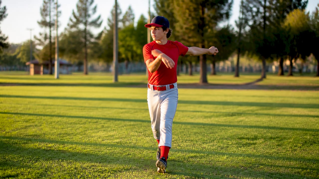 Youth pitcher jogging and doing arm circles warm-up