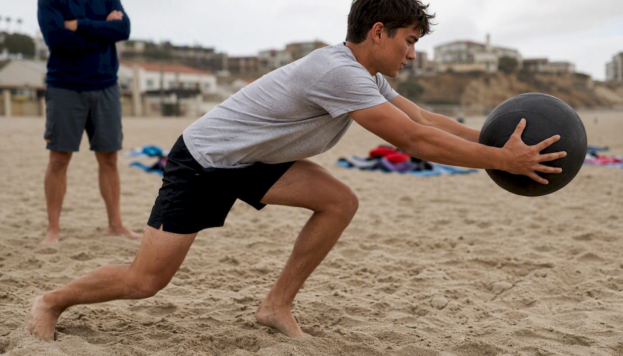 Youth player pushing medicine ball using legs