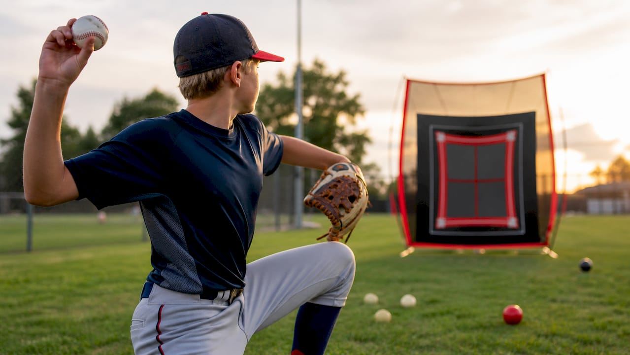 Pitcher practicing with accuracy target net indoors
