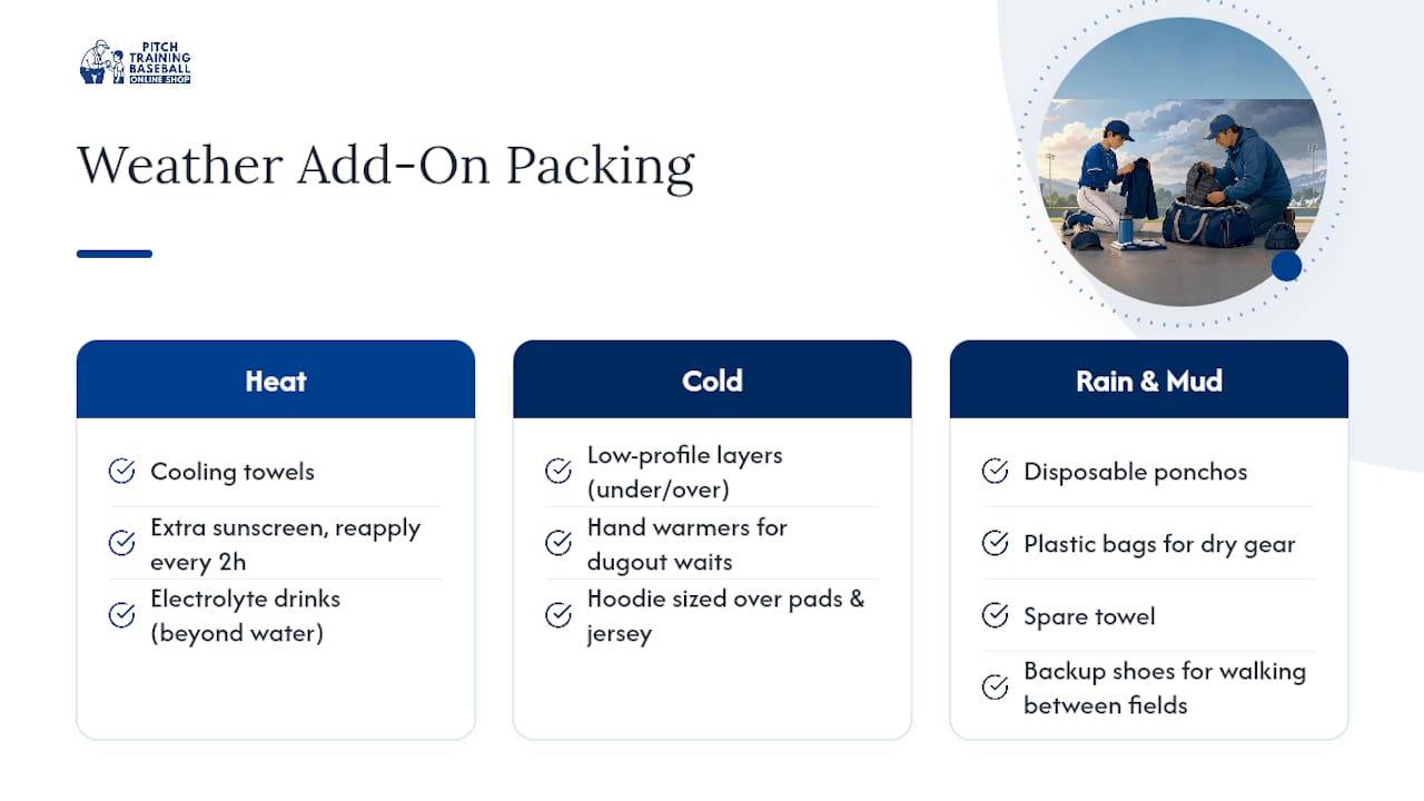 Diagram of weather-specific baseball packing items
