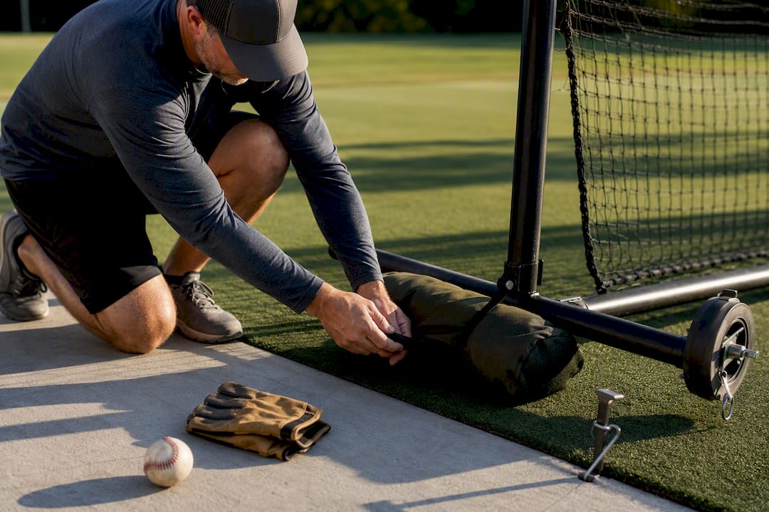 Coach securing pitching screen anchors