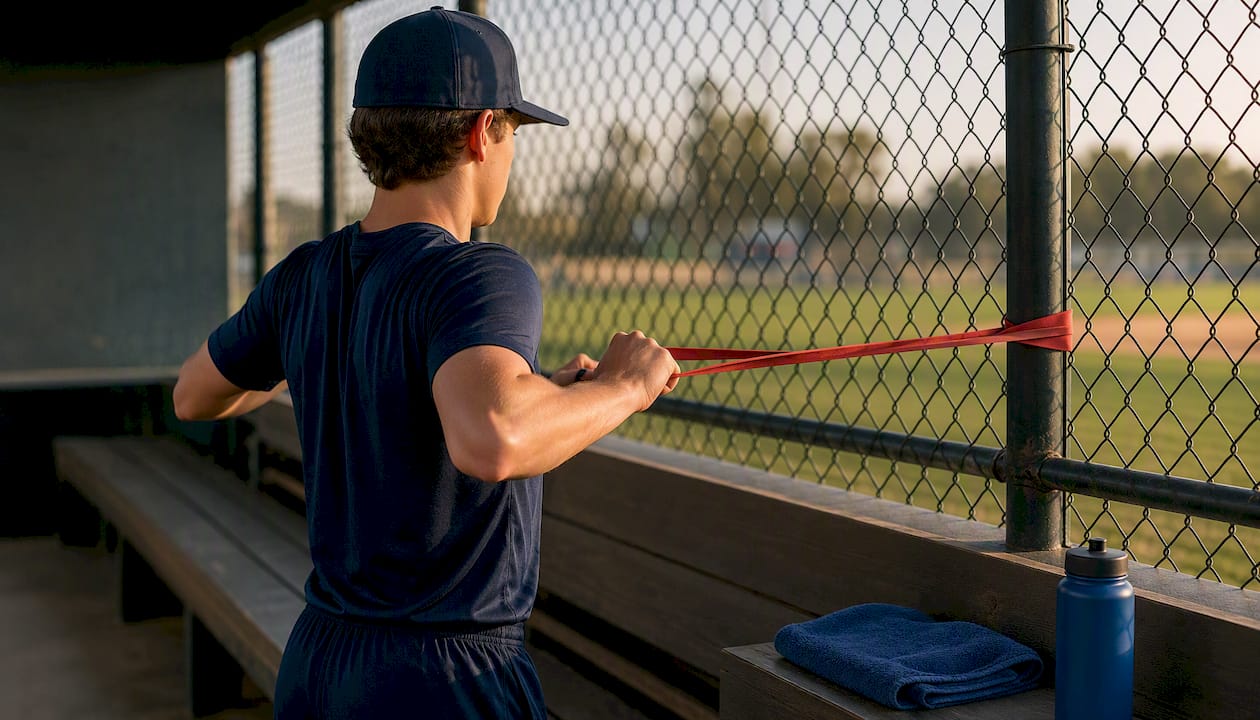 Youth pitcher doing resistance band cooldown