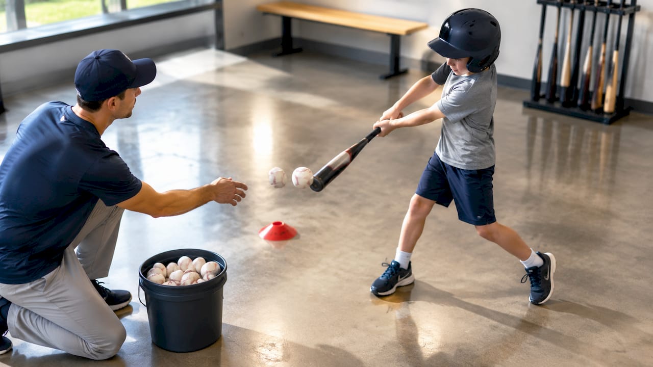 Coach conducting youth baseball soft toss
