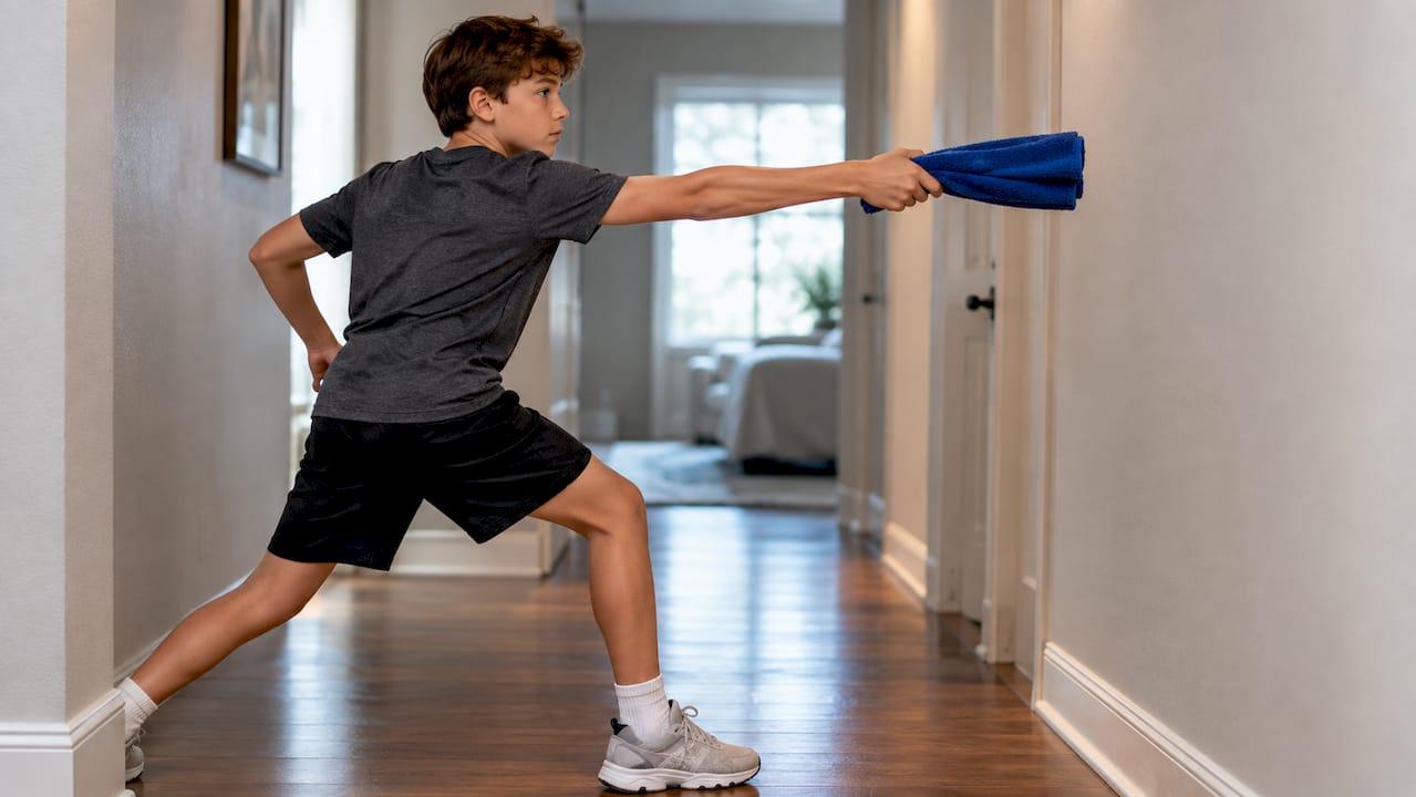 Young pitcher practicing towel drill indoors