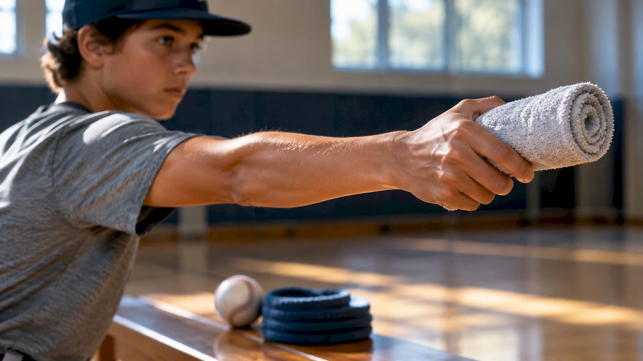 Youth pitcher practicing towel snap drill