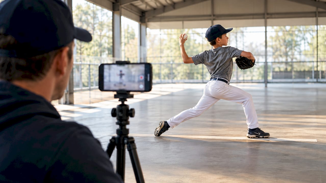 Coach recording youth pitching mechanics