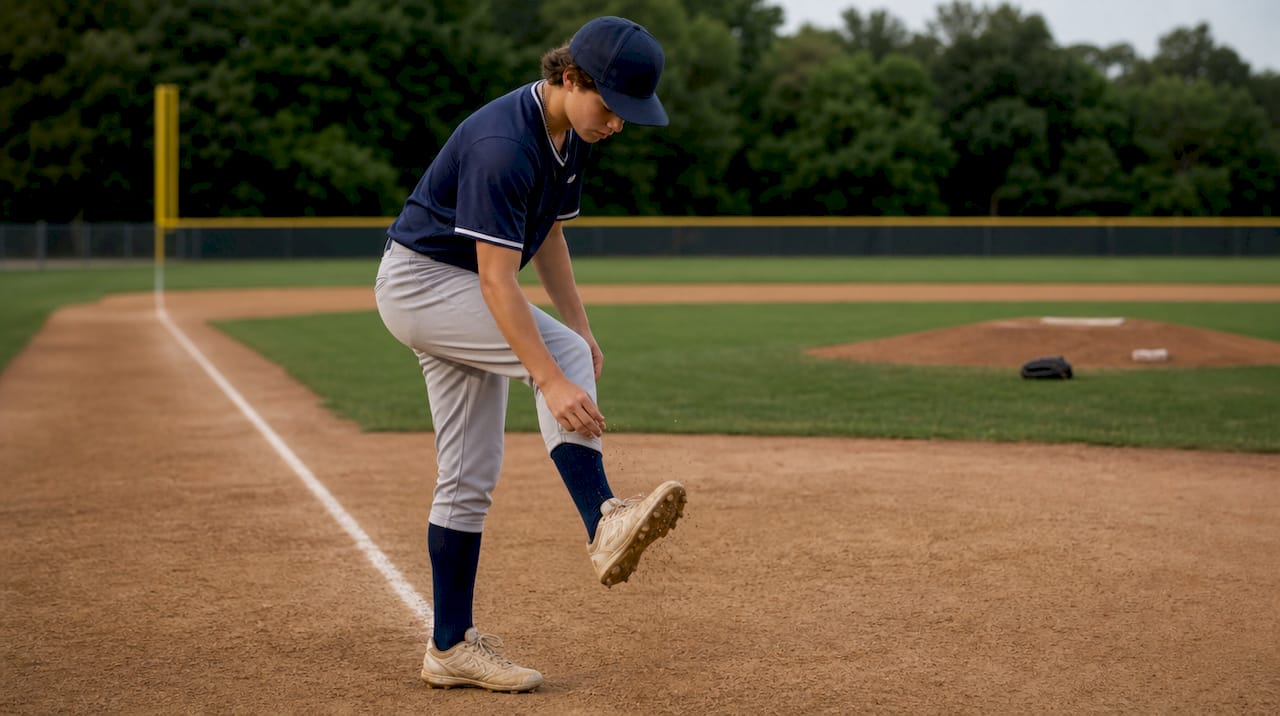 Young pitcher resetting between baseball pitches