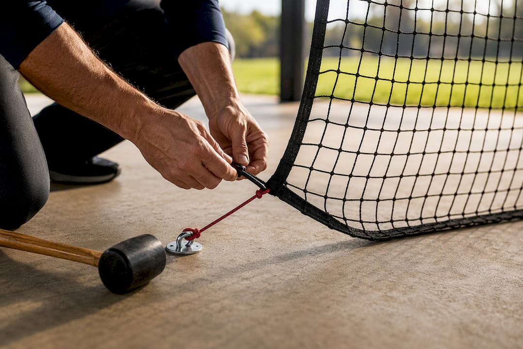 Coach adjusting slack on net anchor