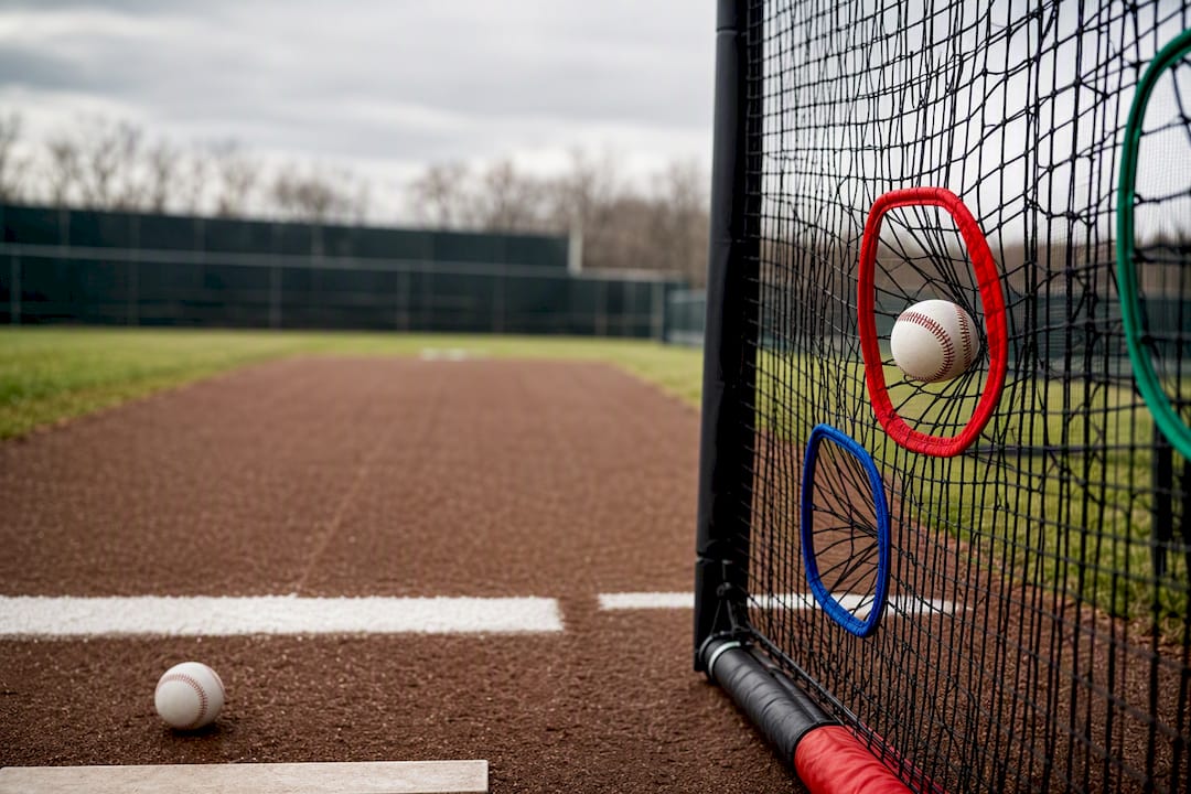 Baseball entering a pitching target pocket