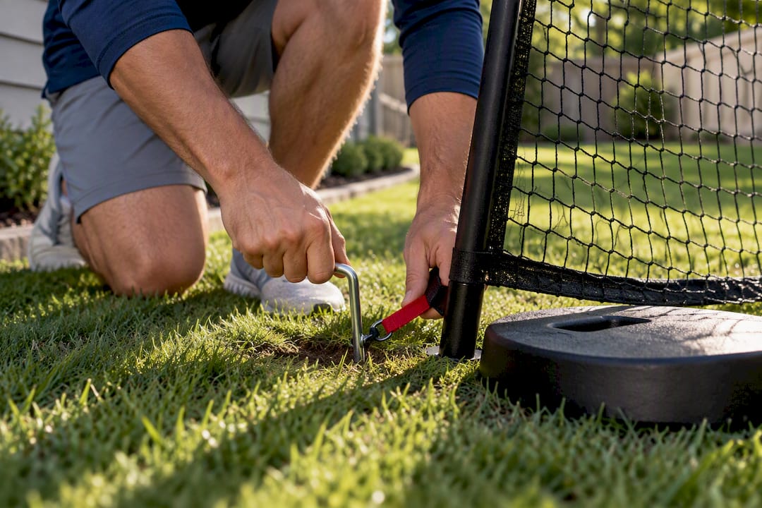 Coach securing backyard net ground anchor