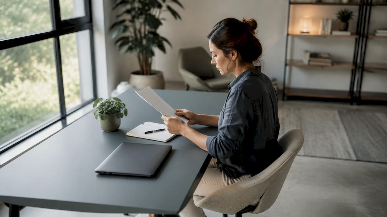 An expert carefully reviews product information at a desk.