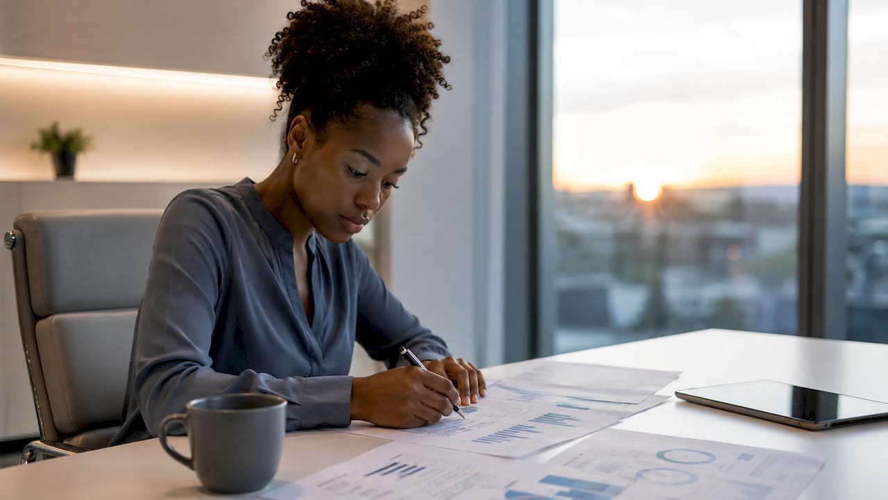 A woman sits at a coworking table analyzing key e-commerce metrics.
