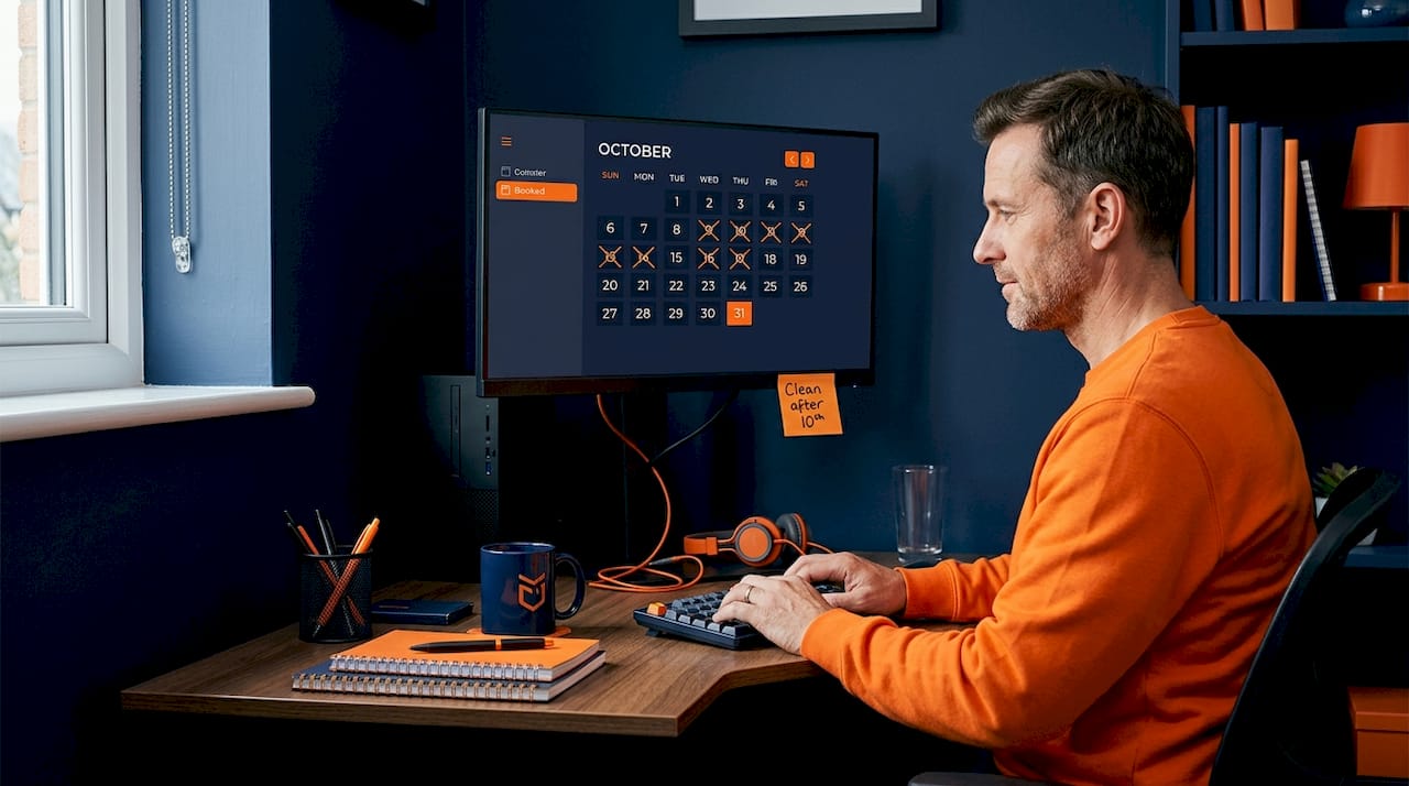 Manager automating vacation rental tasks at desk