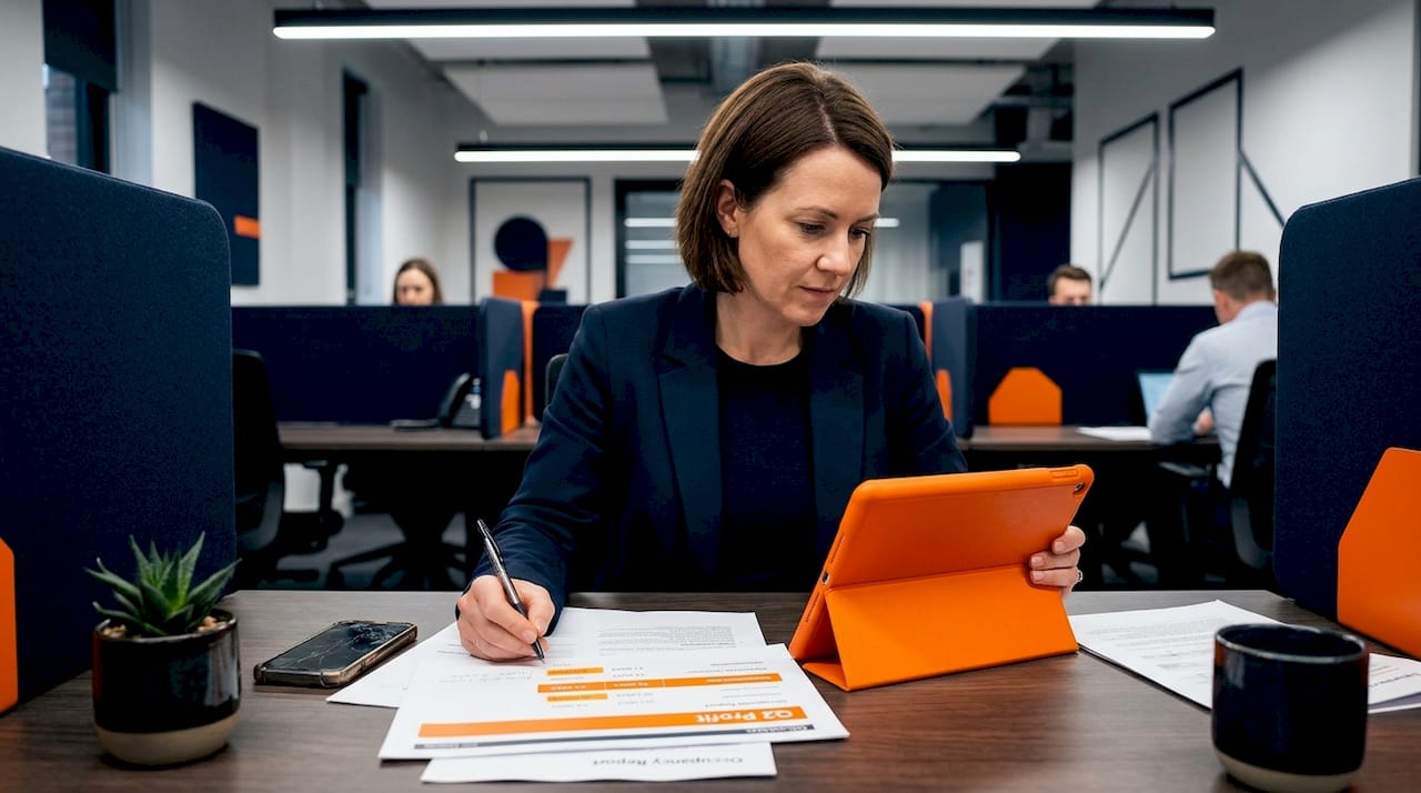 Manager reviewing rental performance with reports