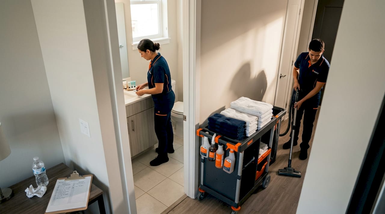 Team cleaning and restocking rental apartment