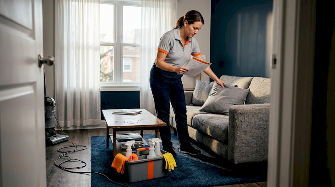 Cleaner prepares rental for guest turnover
