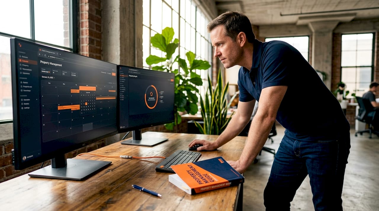 Manager using dual monitors for vacation rental data