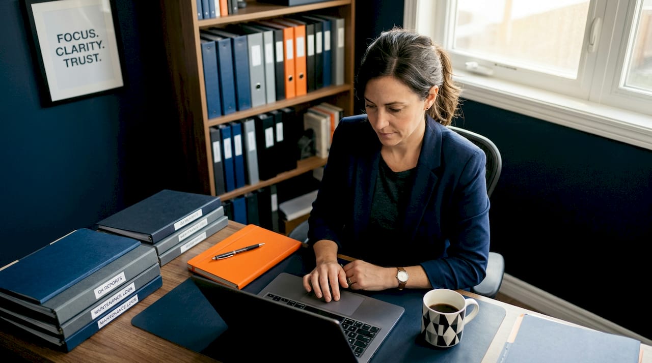 Woman reviewing maintenance dashboard workflow