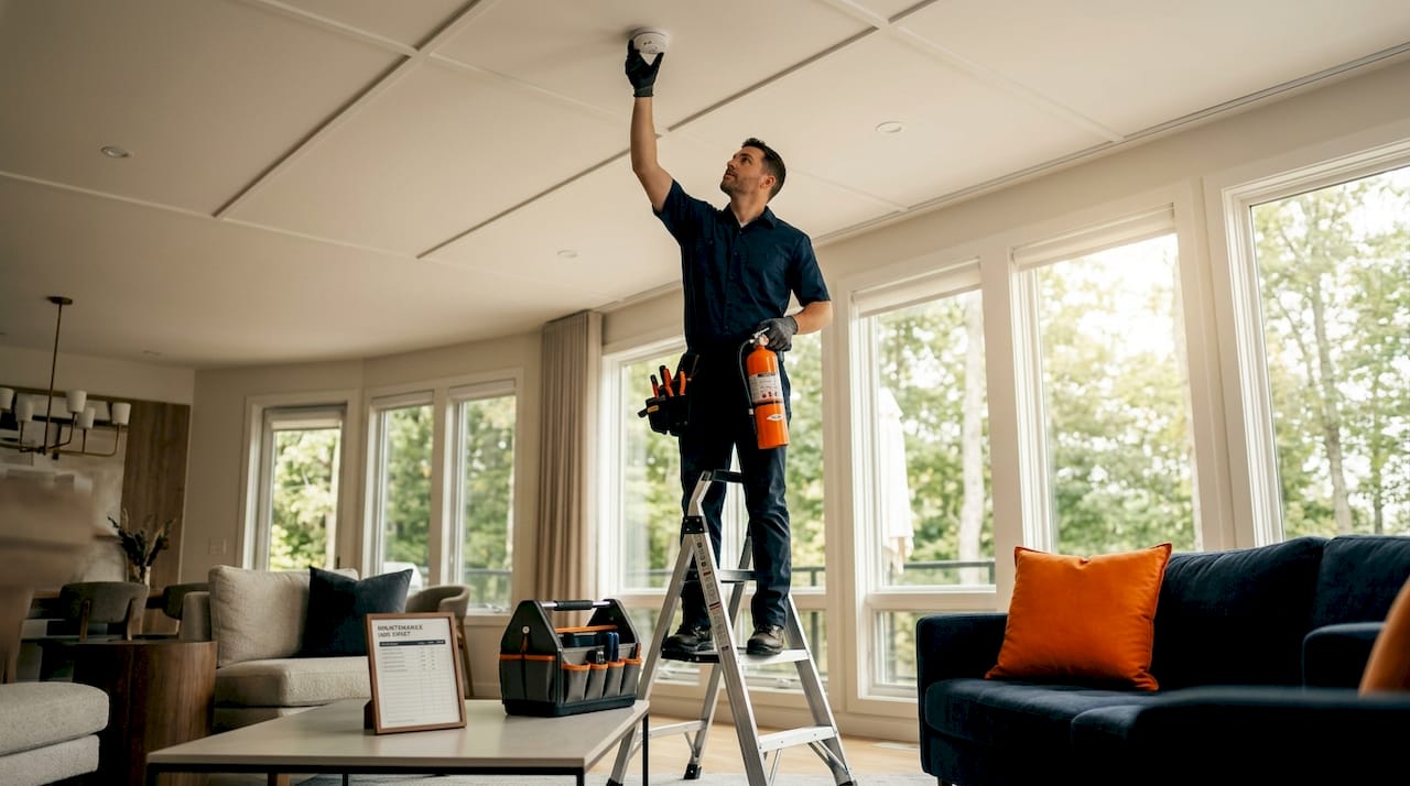 Testing smoke detector in vacation rental kitchen