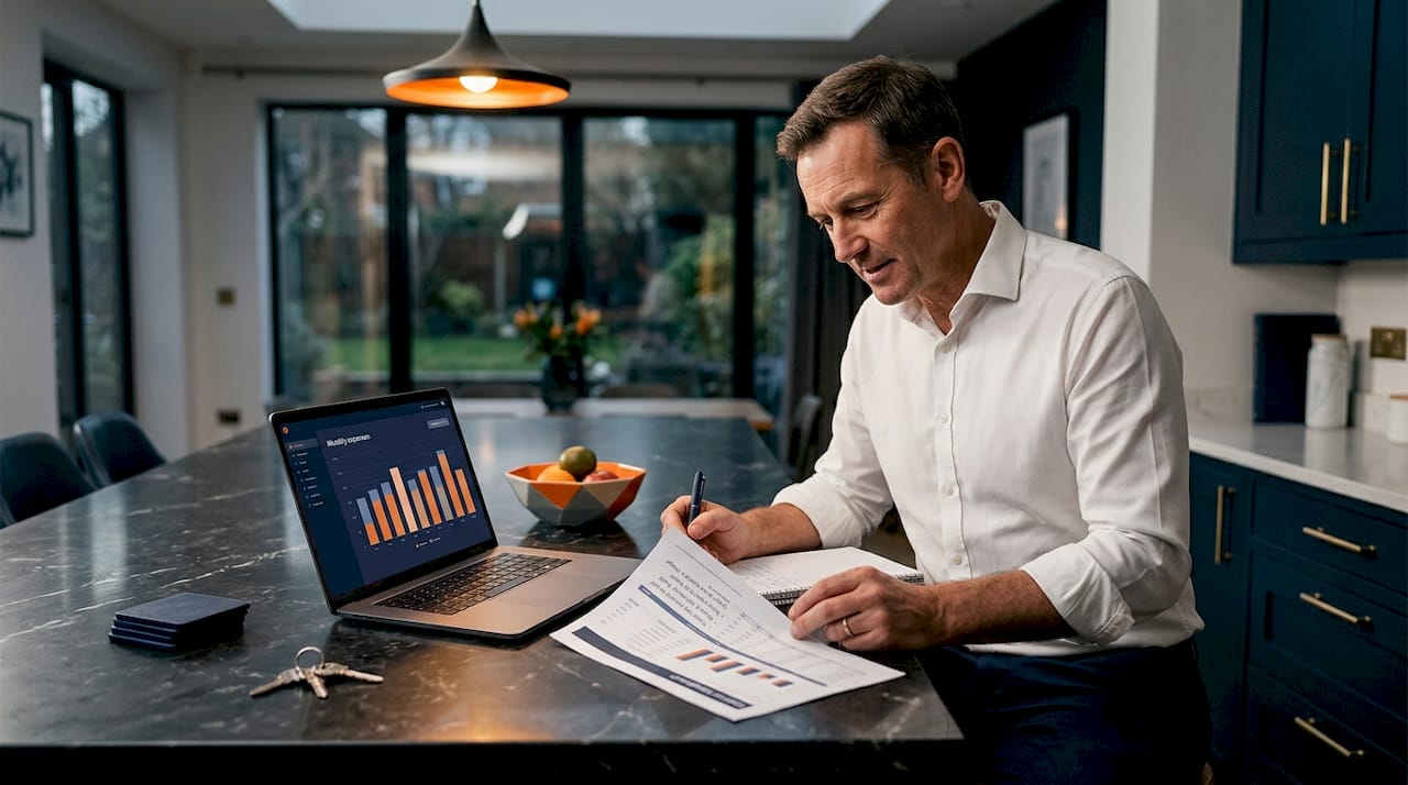 Homeowner reviews printed financial statement in kitchen
