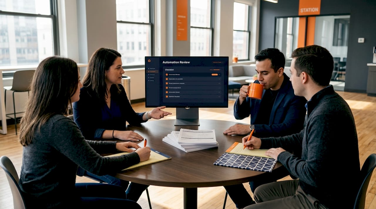 Team reviews automation audit in meeting room