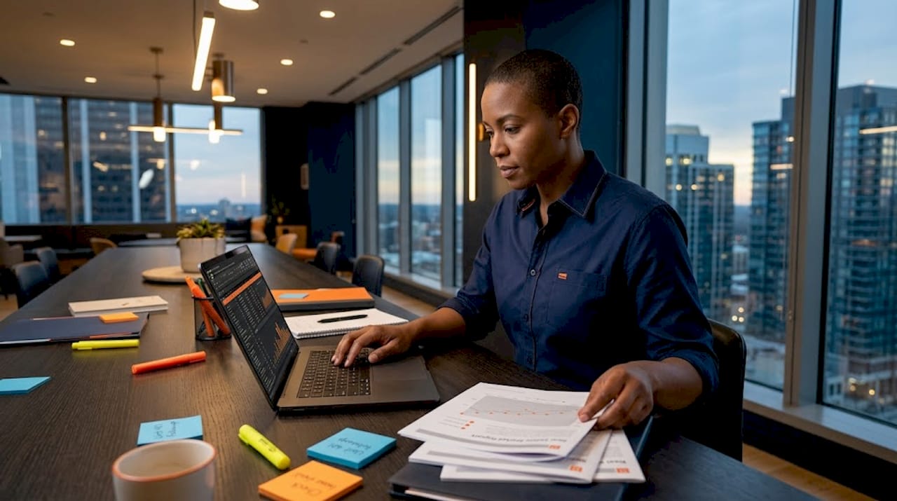 Property manager assembling reports in busy office