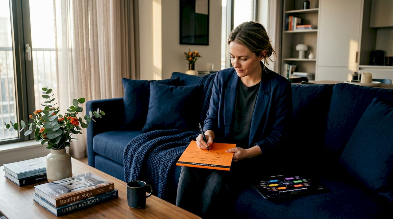 Woman noting guest journey on sofa