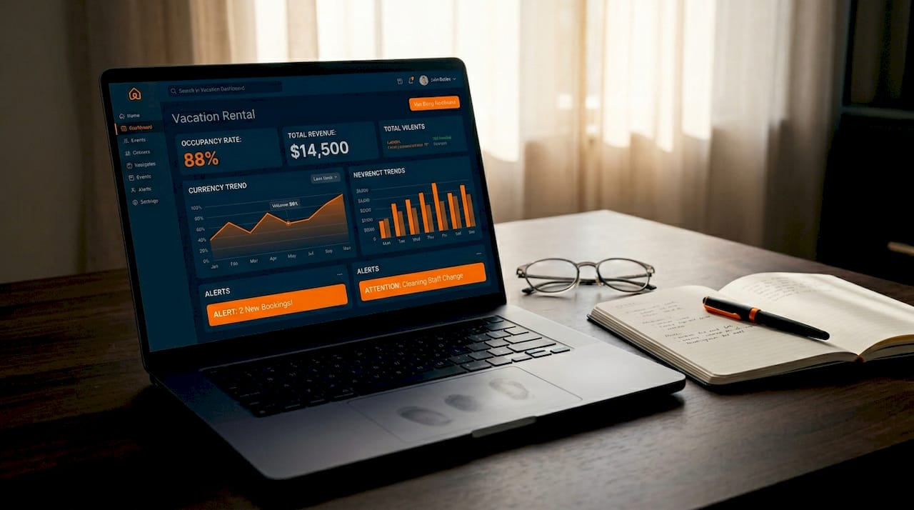 Laptop displaying vacation rental operational dashboard