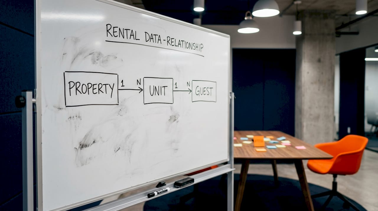 Whiteboard showing rental data relationships