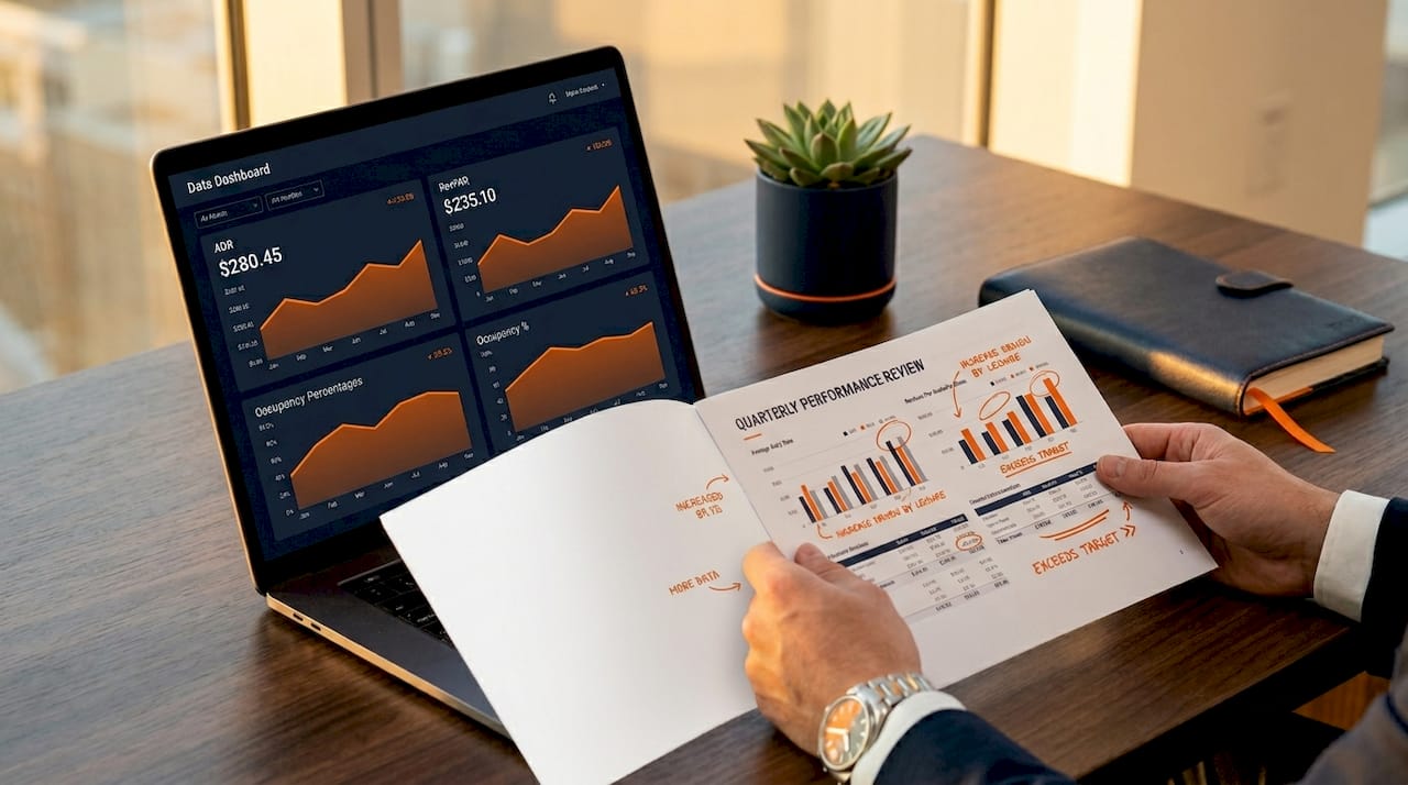 Financial metrics displayed on laptop and in print