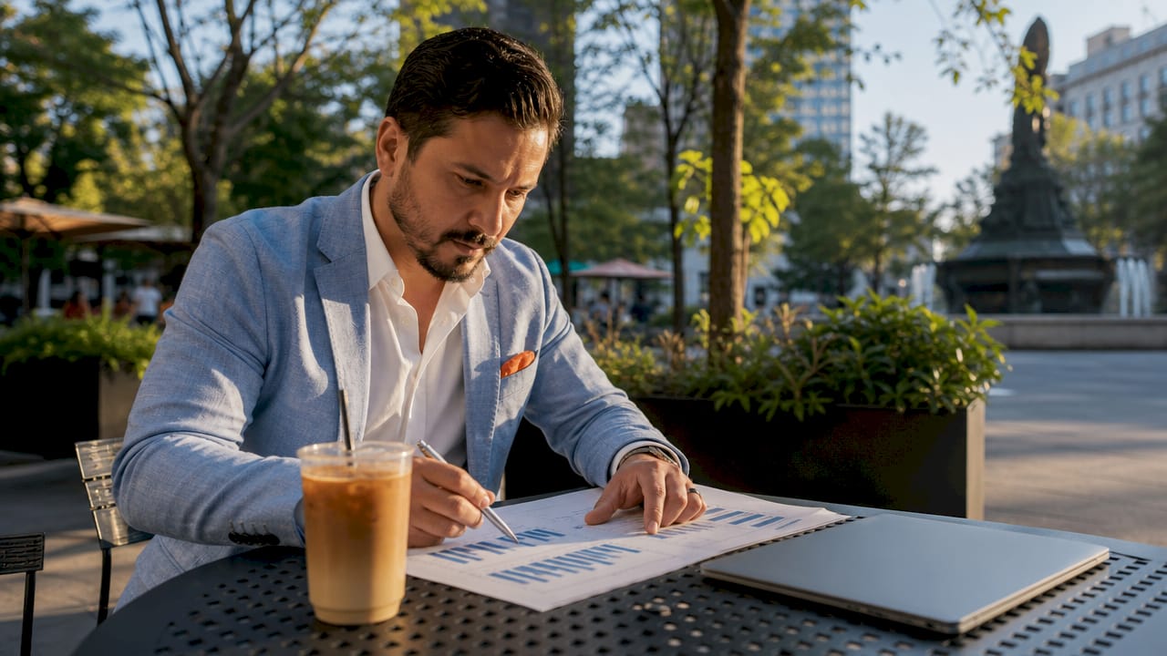 Man analyzing occupancy rate charts in coworking space