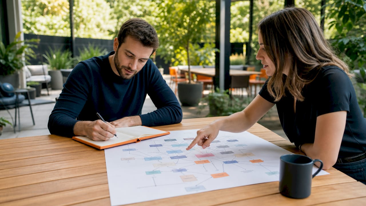 Hands discussing API integration flowchart