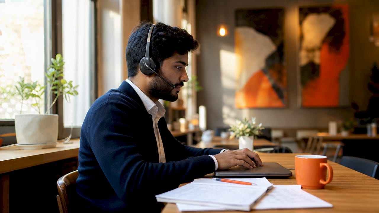 Man handling multilingual guest communication at desk