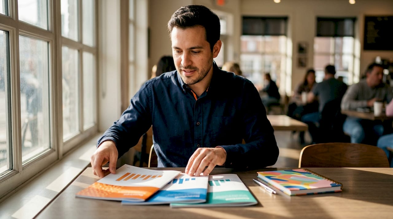 Hands sorting property management software brochures