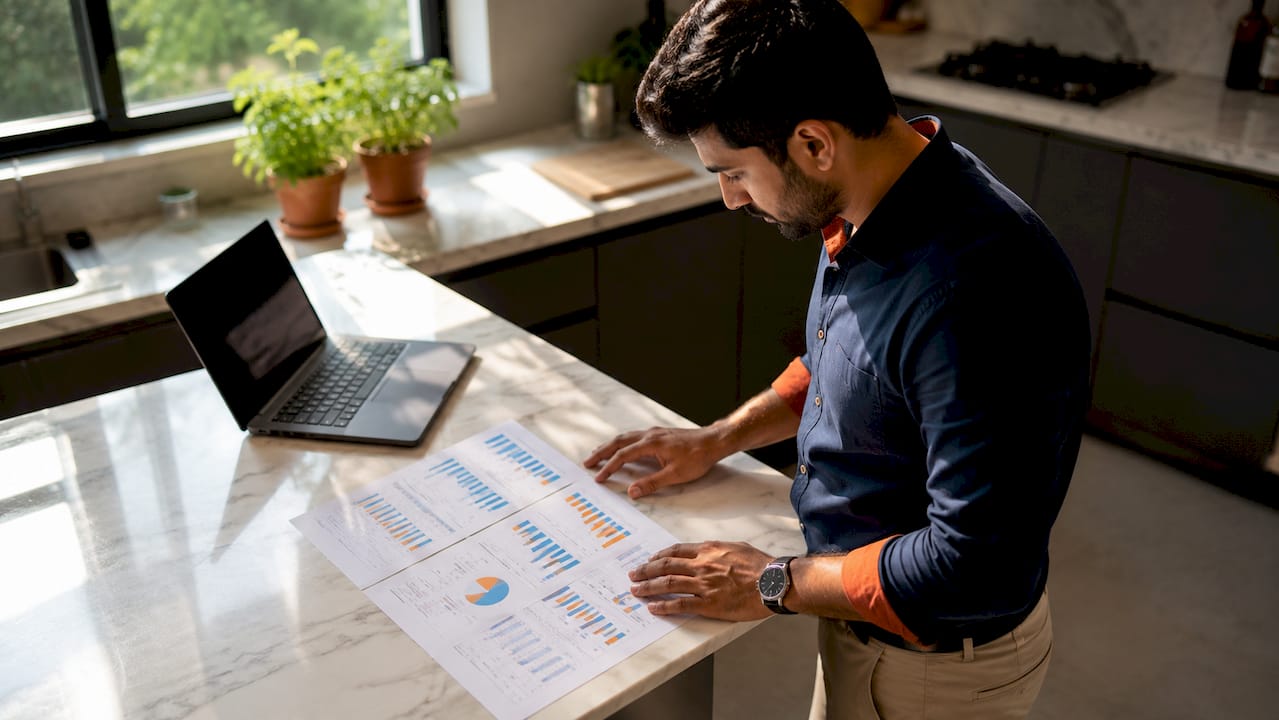 Man reviewing rent collection spreadsheets