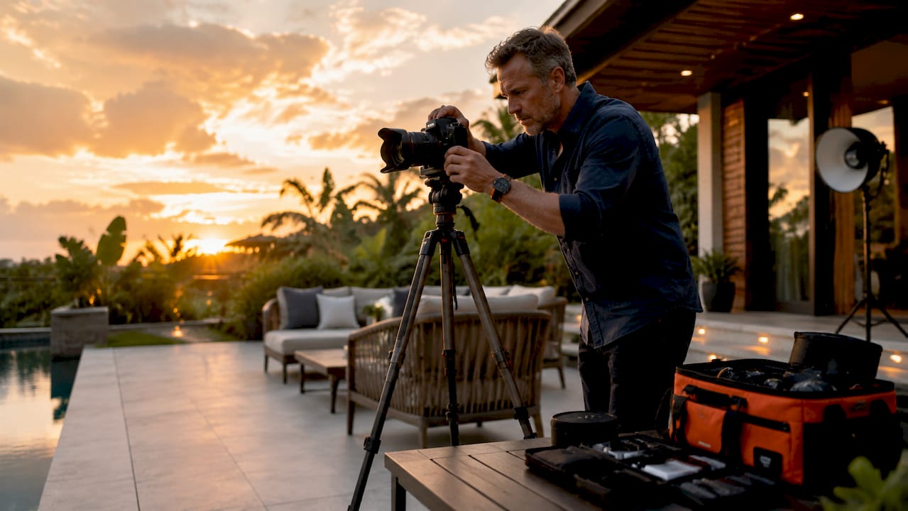 Photographer setting camera in rental living room
