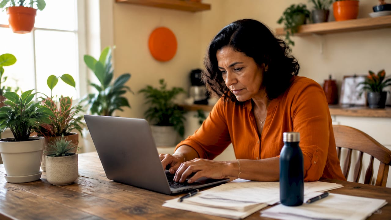 Woman typing property onboarding forms on laptop