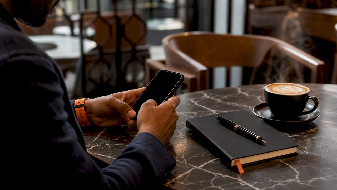 Hands on smartphone near coffee and notebook