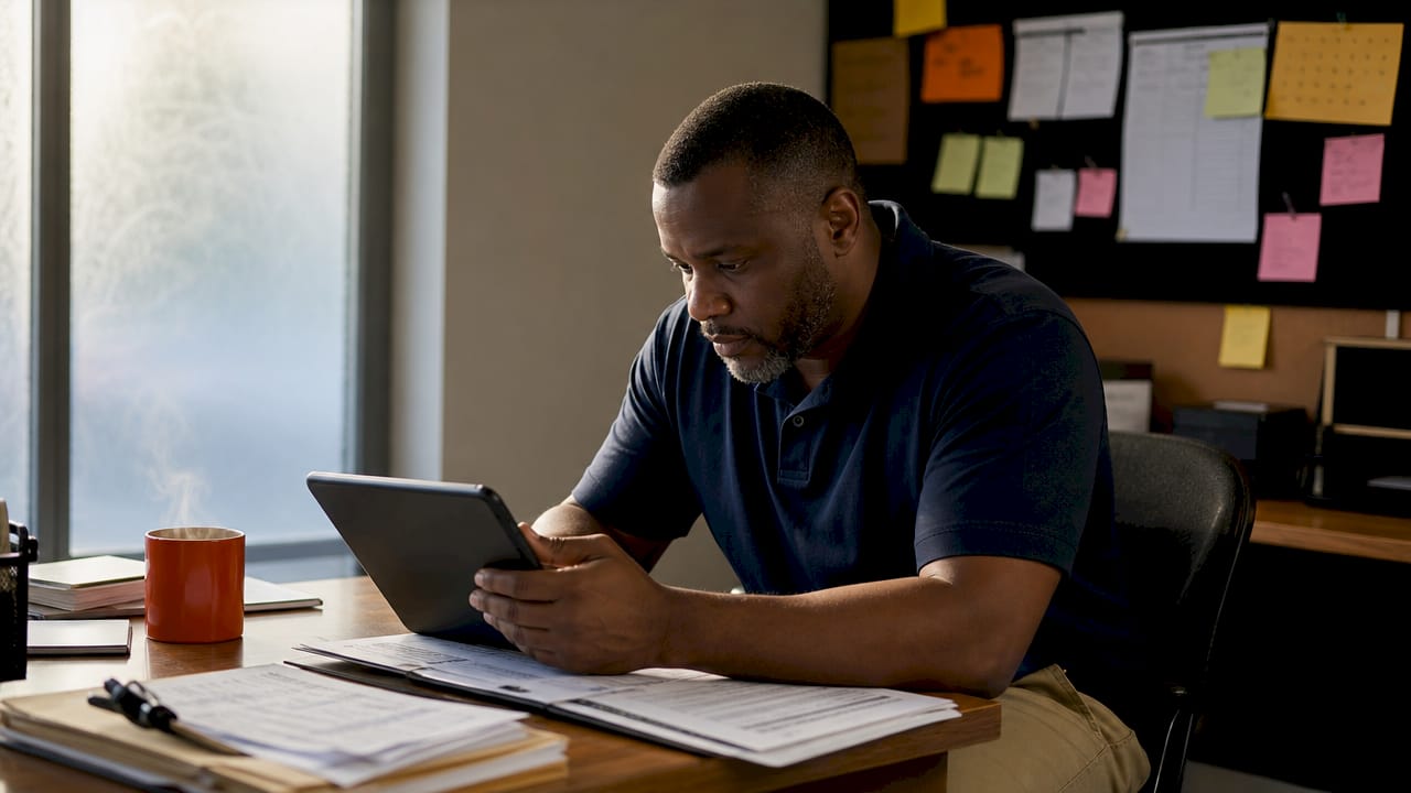 Technician managing maintenance requests on tablet